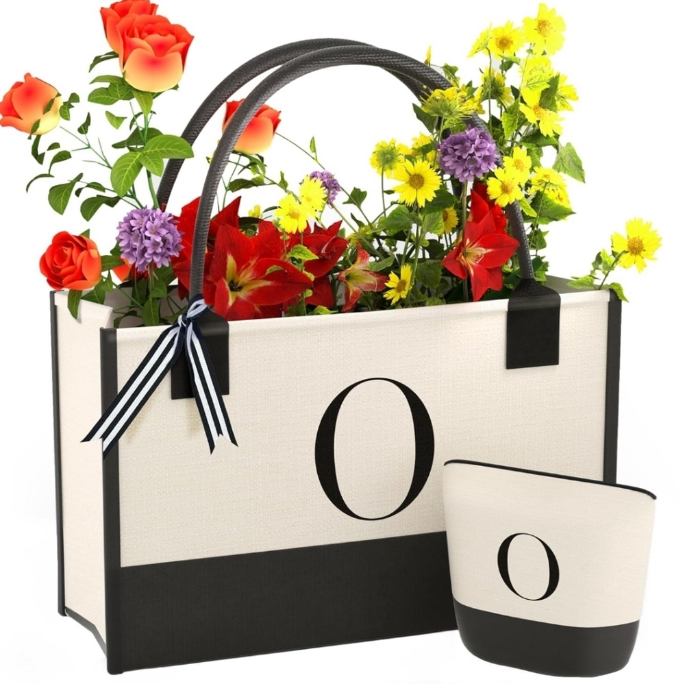 2-Piece Embroidered Canvas Tote Bag with Zipper Pockets - 6.3" D, 13" H, 17" L